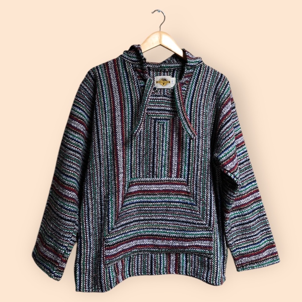 Vintage Earth Ragz Mexican Drug Rug Knitted Pullover Hooded Sweater Colorful XL